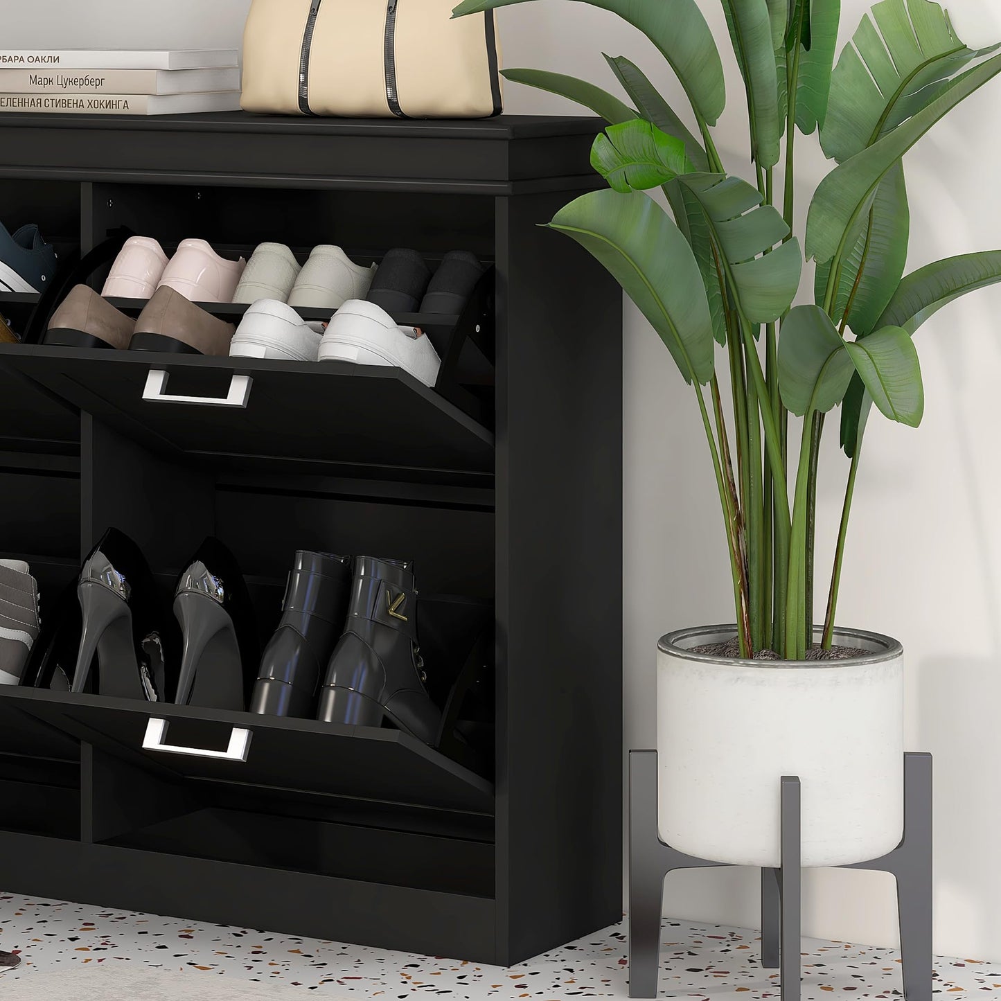 4 Drawers Entryway Shoe Cabinet, Narrow Shoe Storage Cabinet with 4 Flip Drawers and Adjustable Shelves for 20 Pairs of Shoes, Black