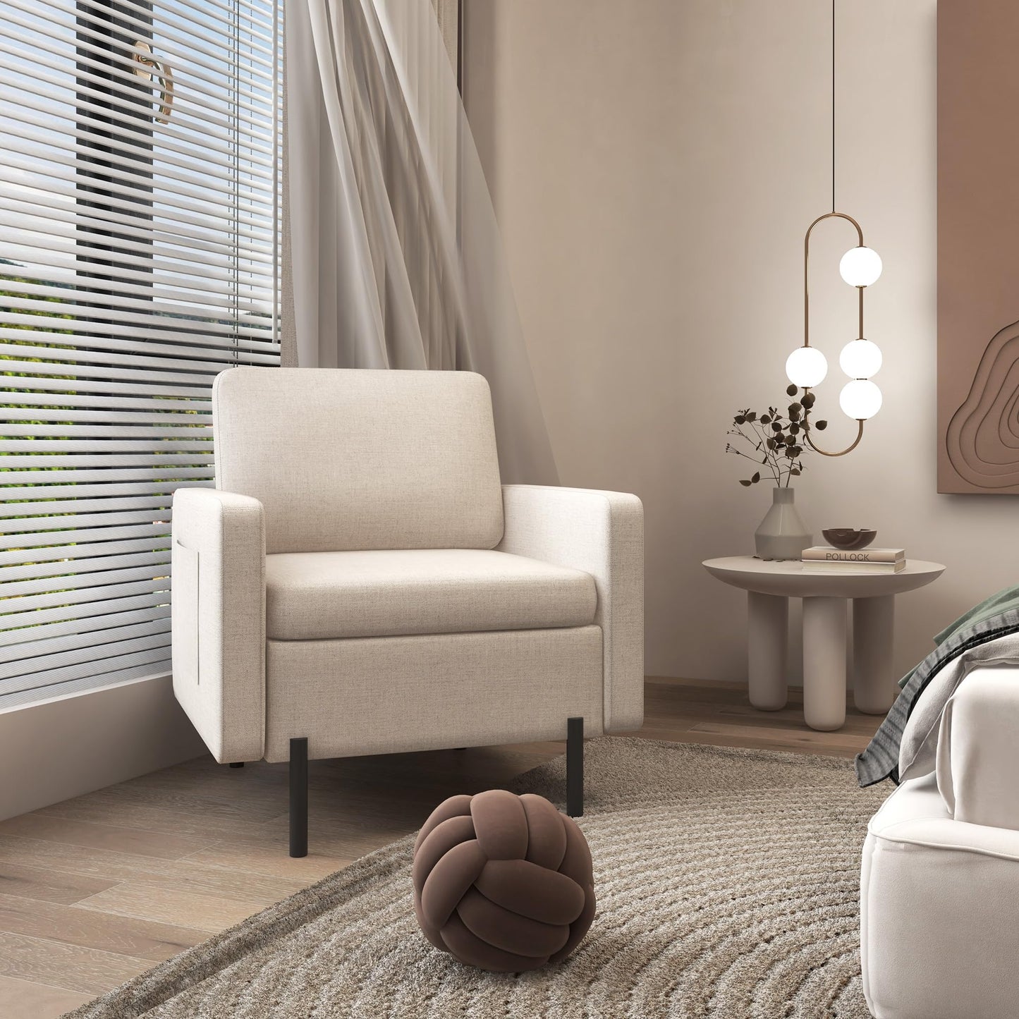Fabric Accent Chair, Armchair, Modern Living Room Chair with Metal Legs, 2 Side Pockets, Thick Padding for Bedroom, Cream White