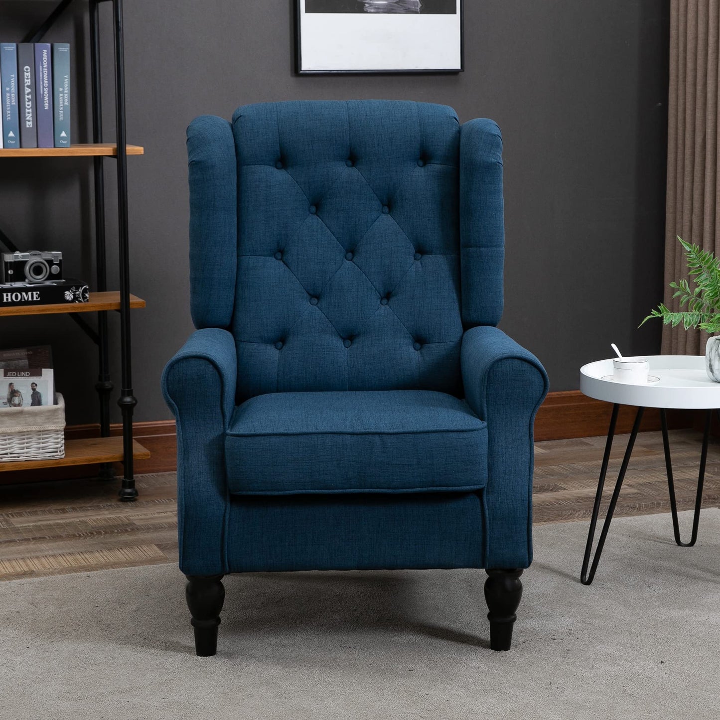 Fabric Accent Chair, Button Tufted Armchair, Upholstered Modern Living Room Chair, Wingback Chair with Wood Legs, Rolled Arms, Thick Padding for Bedroom, Blue