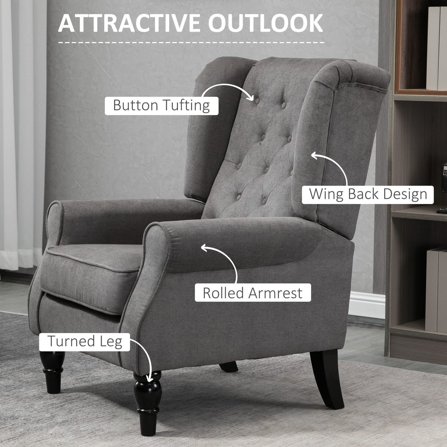 Fabric Accent Chair, Button Tufted Armchair, Upholstered Modern Living Room Chair, Wingback Chair with Wood Legs, Rolled Arms, Thick Padding for Bedroom, Blue