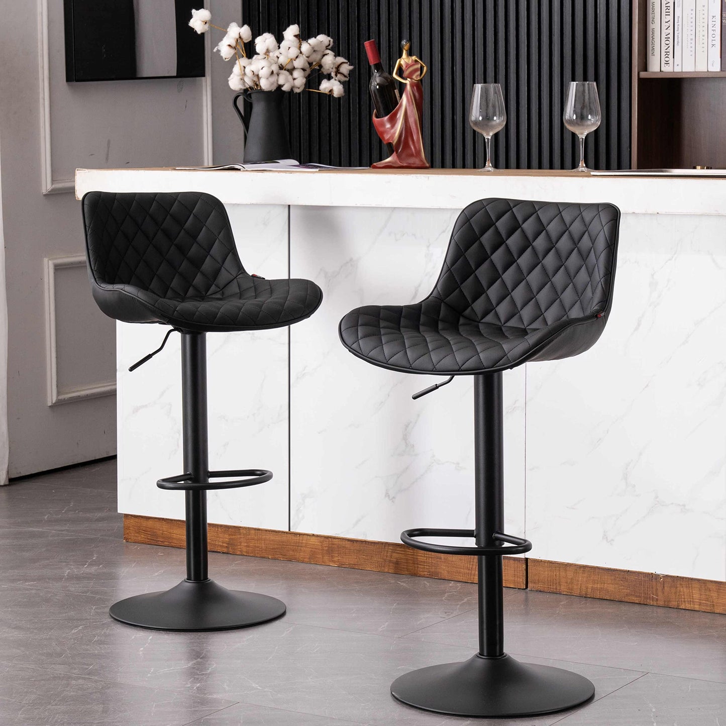 Grey Bar Stools Set of 2 Counter Height Bar Stool Faux Leather Upholstered Metal Barstools Modern Adjustable Swivel High Back Bar Chairs Home Kitchen Dining Island