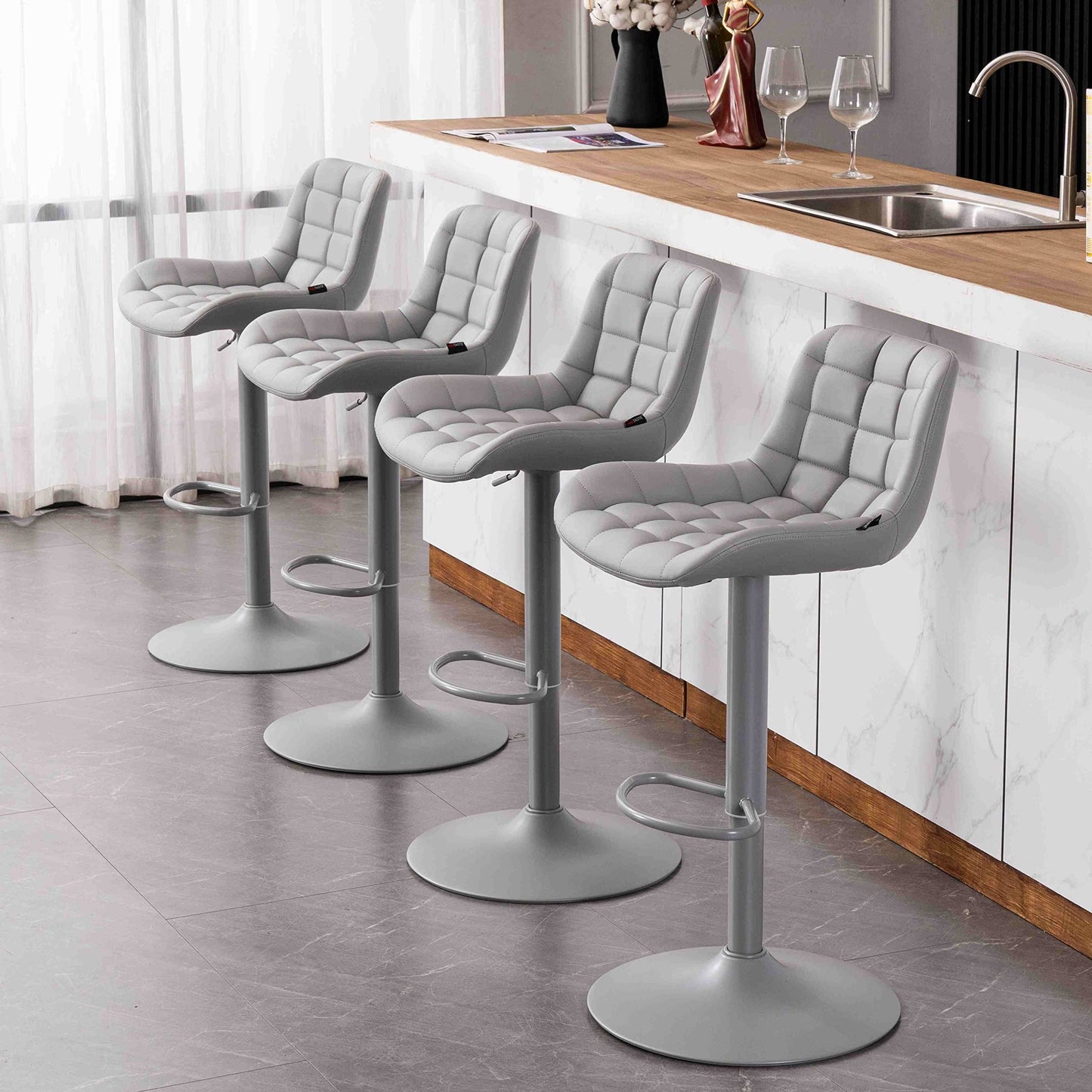 Grey Bar Stools Set of 2 Counter Height Bar Stool Faux Leather Upholstered Metal Barstools Modern Adjustable Swivel High Back Bar Chairs Home Kitchen Dining Island