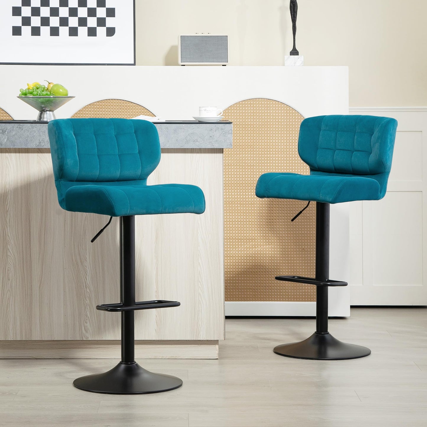 Adjustable Bar Stools Set of 2, Swivel Tufted Velvet Fabric Barstools with Footrest and Back, Bar Chairs for Kitchen Counter and Dining Room, Grey