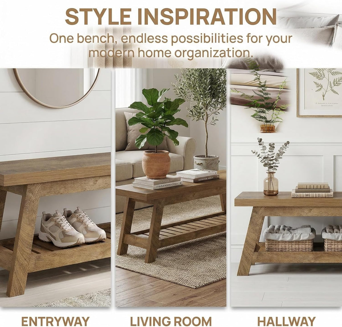 55" Entryway Bench, 2-Tier Foyer Seating Bench with Shoe Storage