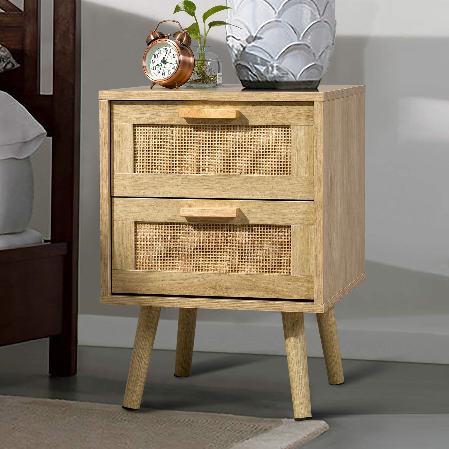 Side Table with 2 Hand Made Rattan Decorated Drawers, Nightstands Set of 2, Wood Accent Table with Storage for Bedroom, Natural, 2 Pack