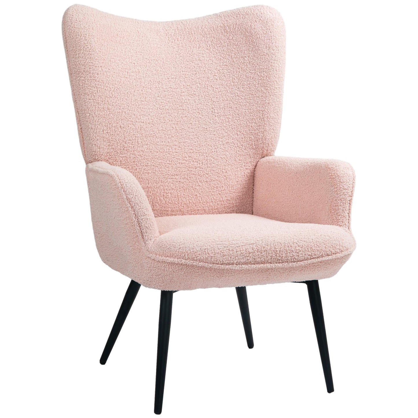 Modern Sherpa Boucle Accent Chair, Upholstered Wingback Armchair, Fluffy Vanity Chair for Living Room, Bedroom, Reading Room, Pink