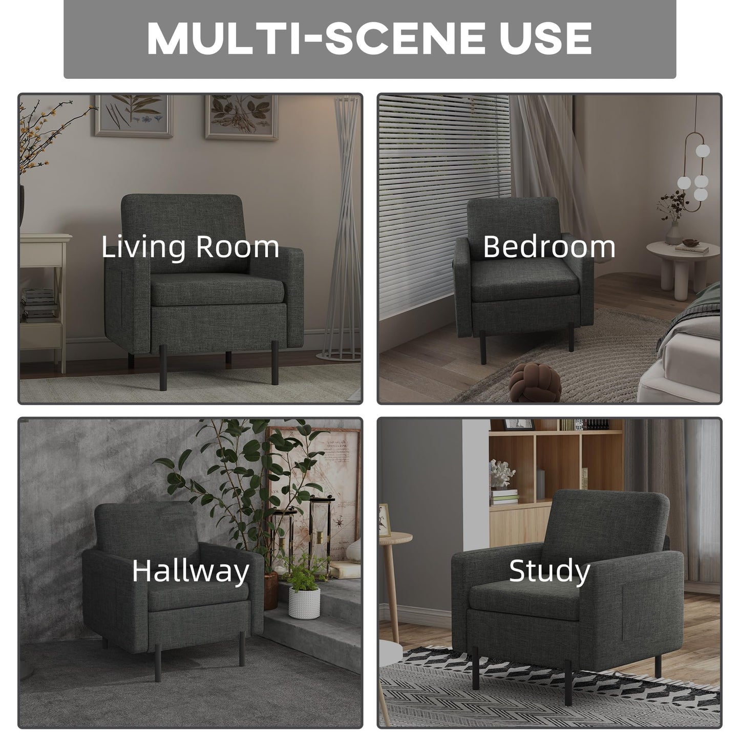 Fabric Accent Chair, Armchair, Modern Living Room Chair with Metal Legs, 2 Side Pockets, Thick Padding for Bedroom, Cream White