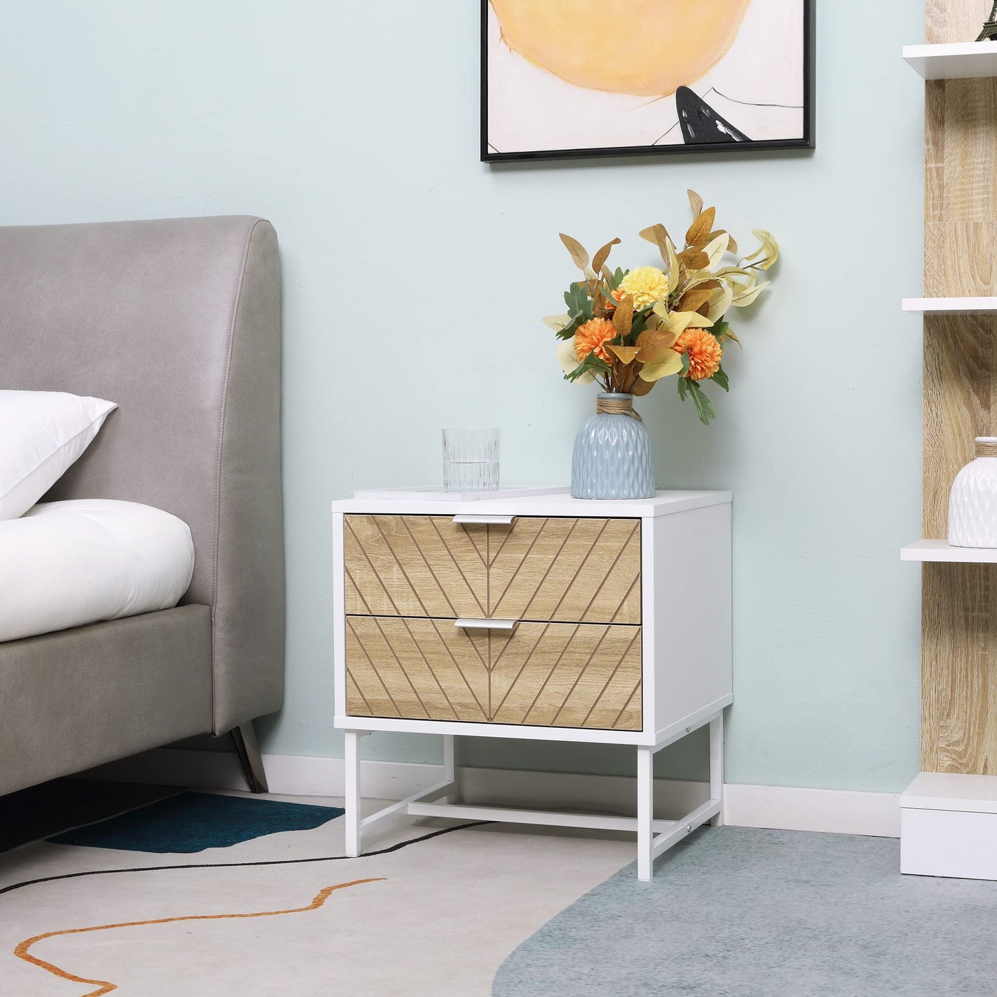 Modern Bedside Table with 2 Drawers, Nightstand with Metal Base, Sofa End Table for Bedroom, White