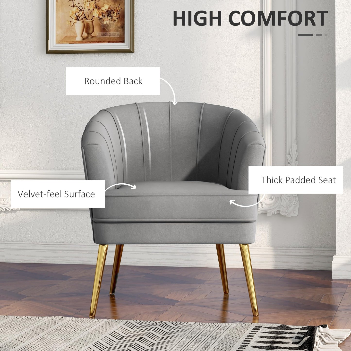 Fabric Accent Chair, Velvet Armchair, Modern Living Room Chair with Gold Metal Legs and Thick Padding for Bedroom, Grey