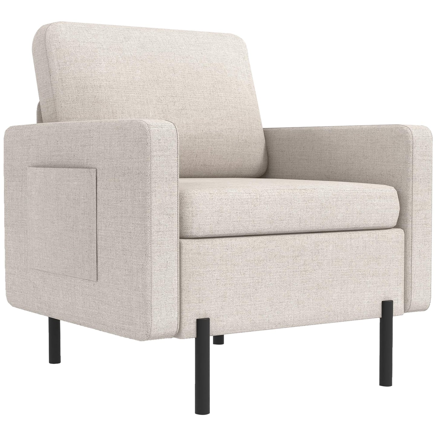 Fabric Accent Chair, Armchair, Modern Living Room Chair with Metal Legs, 2 Side Pockets, Thick Padding for Bedroom, Cream White