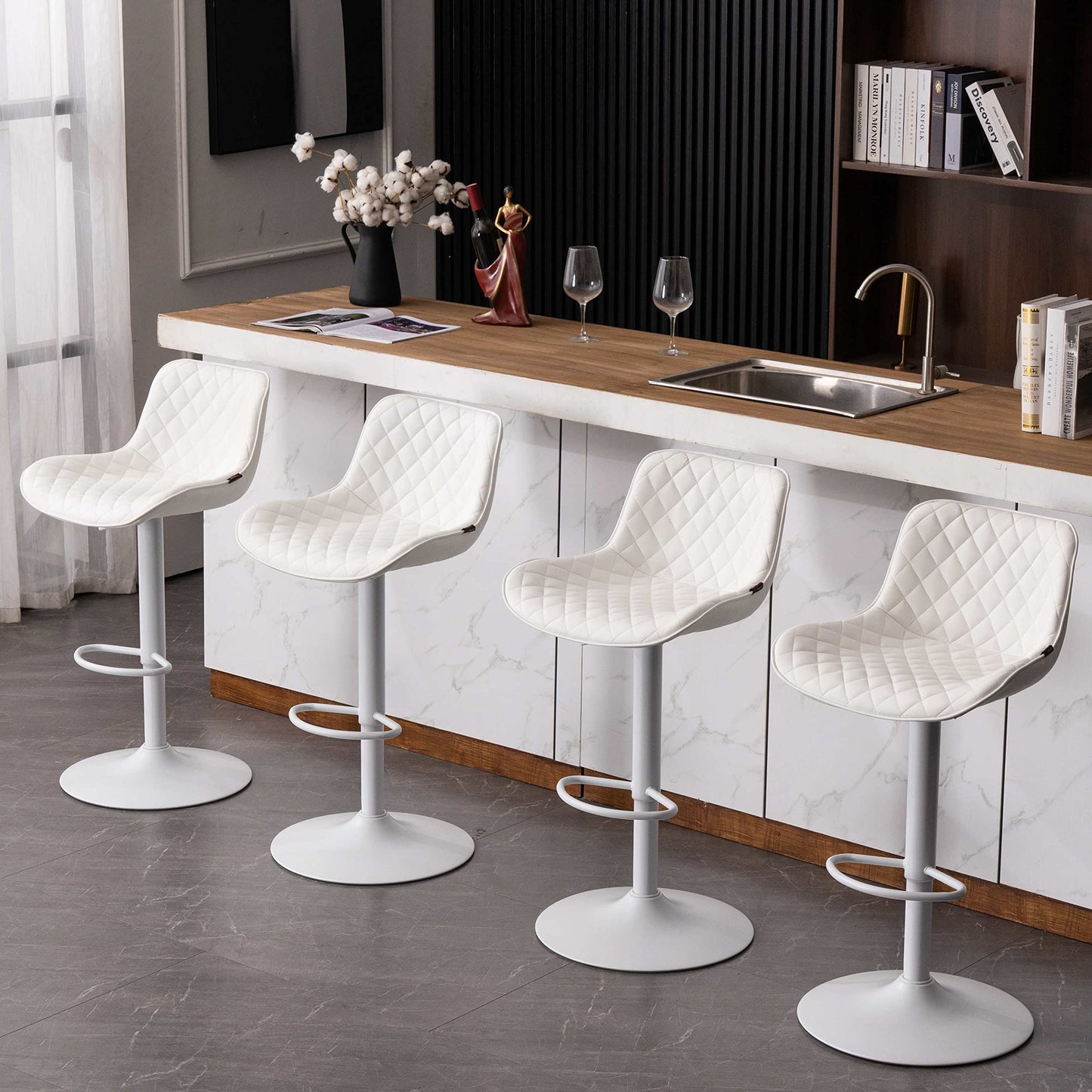 Grey Bar Stools Set of 2 Counter Height Bar Stool Faux Leather Upholstered Metal Barstools Modern Adjustable Swivel High Back Bar Chairs Home Kitchen Dining Island