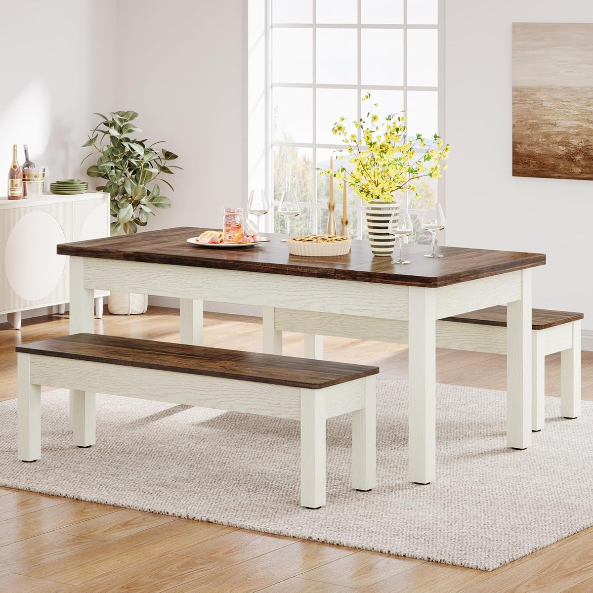 55" Dining Table Set, 3 Pieces Wood Kitchen Table with 2 Benches