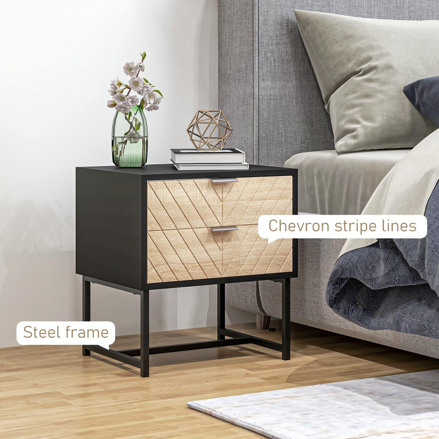 Modern Bedside Table with 2 Drawers, Nightstand with Metal Base, Sofa End Table for Bedroom, White