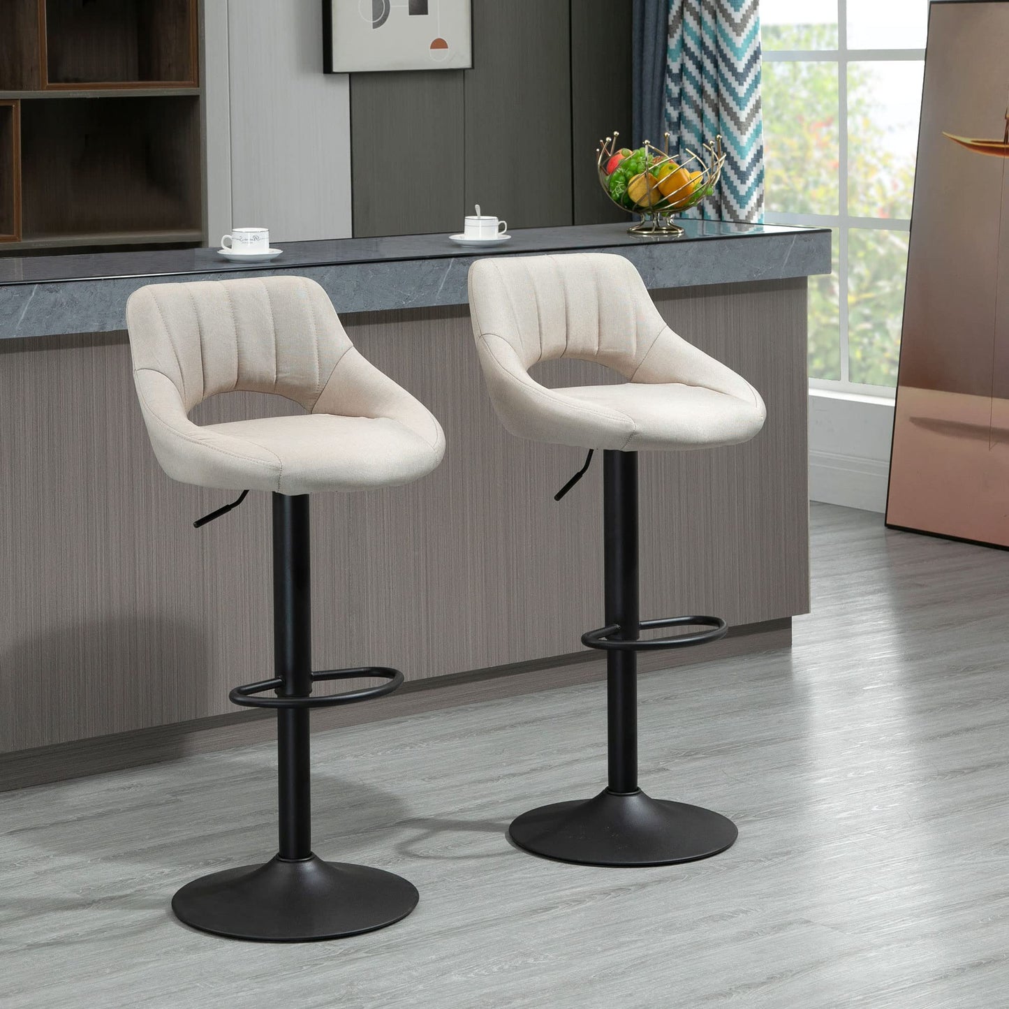 Bar Stools Set of 2, Swivel Counter Height Barstools with Adjustable Height, Faux Leather Upholstered Bar Chairs with Round Metal Base and Footrest, Grey