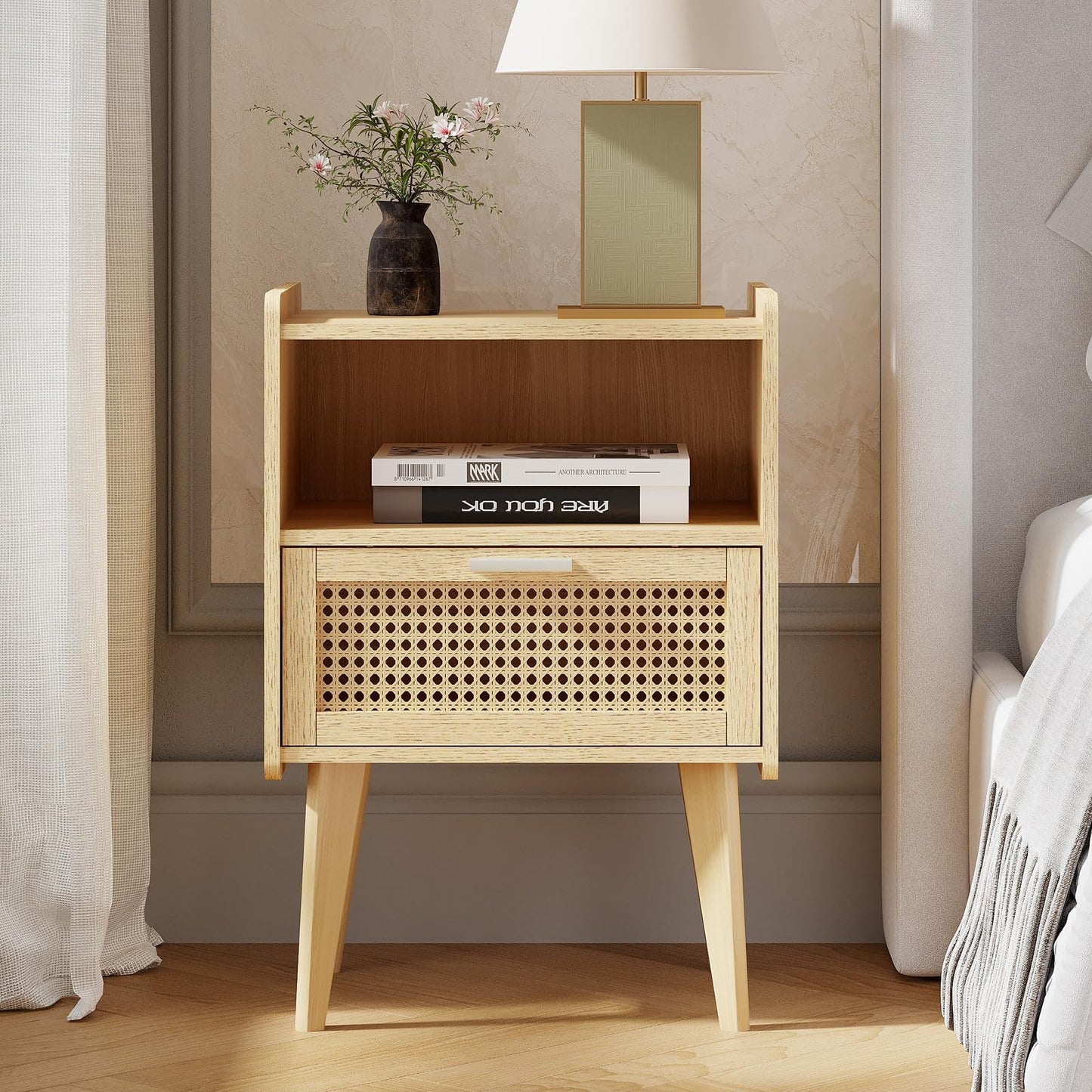 Rattan Nightstand,End Table with Rattan Door, Boho Bedside Table,Rattan Nightstand for Living Room,Bedroom,Dorm and Small Spaces,Natural CAACTG11Y