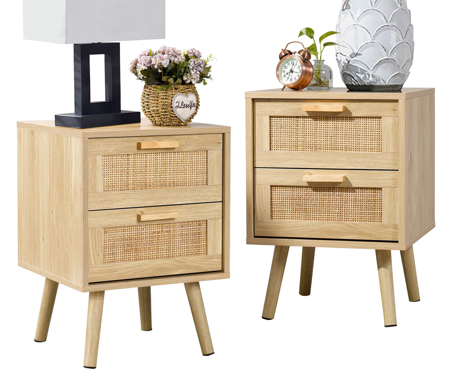 Side Table with 2 Hand Made Rattan Decorated Drawers, Nightstands Set of 2, Wood Accent Table with Storage for Bedroom, Natural, 2 Pack