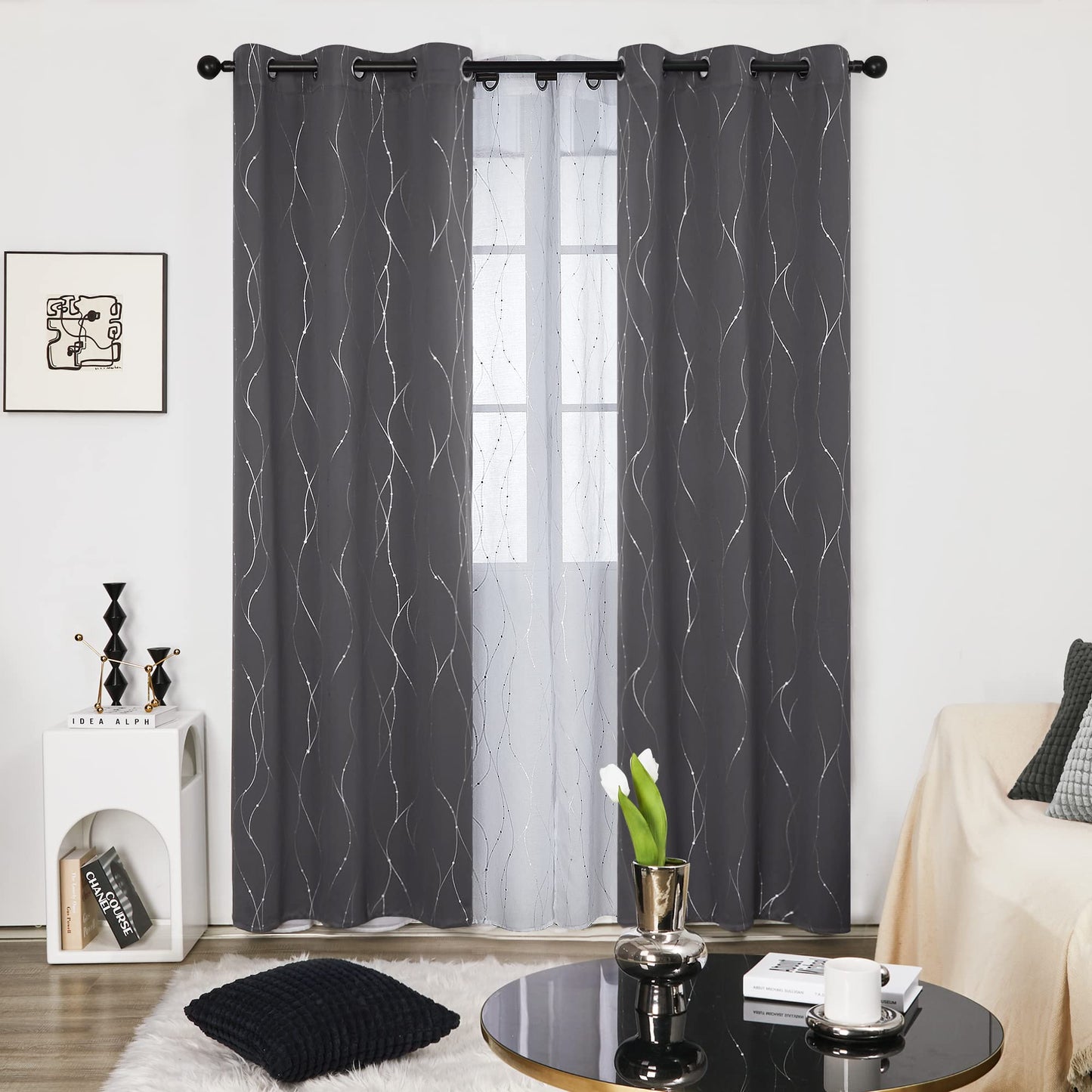 Deconovo Blackout Curtains 84 Inches Long, Thermal Insulated Energy Saving Curtains for Bedroom, Noise Reduction Curtain Drapes for Living Room (52W x 84L Inch, Grey, 2 Panels)