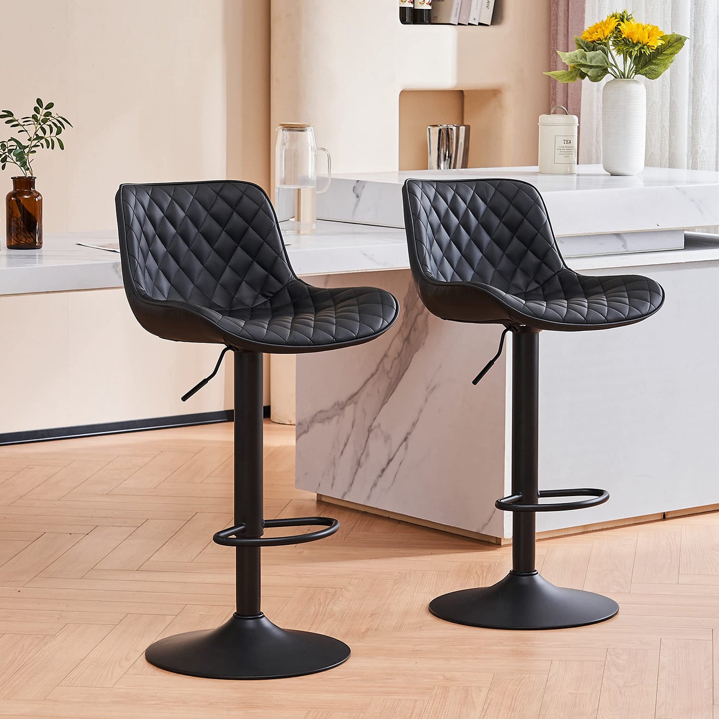 Grey Bar Stools Set of 2 Counter Height Bar Stool Faux Leather Upholstered Metal Barstools Modern Adjustable Swivel High Back Bar Chairs Home Kitchen Dining Island