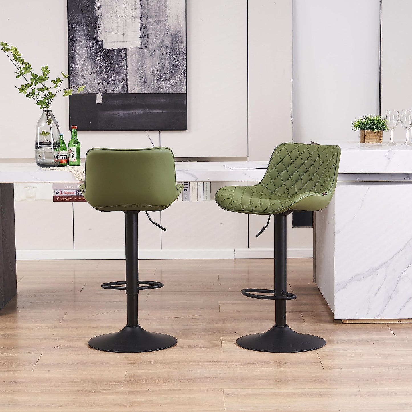Grey Bar Stools Set of 2 Counter Height Bar Stool Faux Leather Upholstered Metal Barstools Modern Adjustable Swivel High Back Bar Chairs Home Kitchen Dining Island