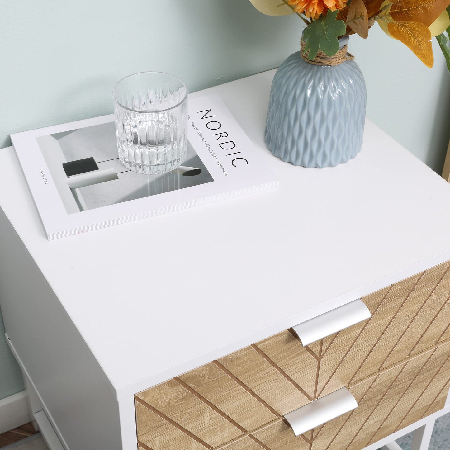 Modern Bedside Table with 2 Drawers, Nightstand with Metal Base, Sofa End Table for Bedroom, White
