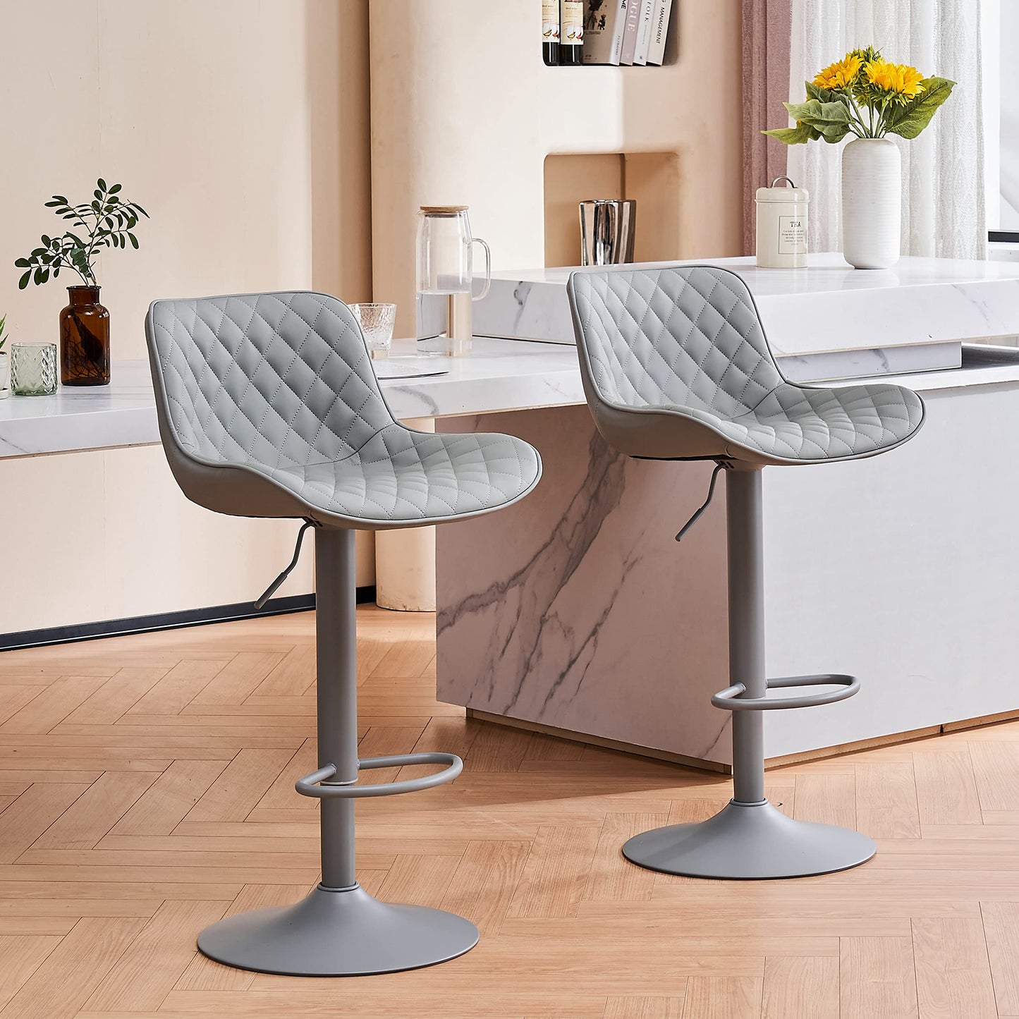 Grey Bar Stools Set of 2 Counter Height Bar Stool Faux Leather Upholstered Metal Barstools Modern Adjustable Swivel High Back Bar Chairs Home Kitchen Dining Island