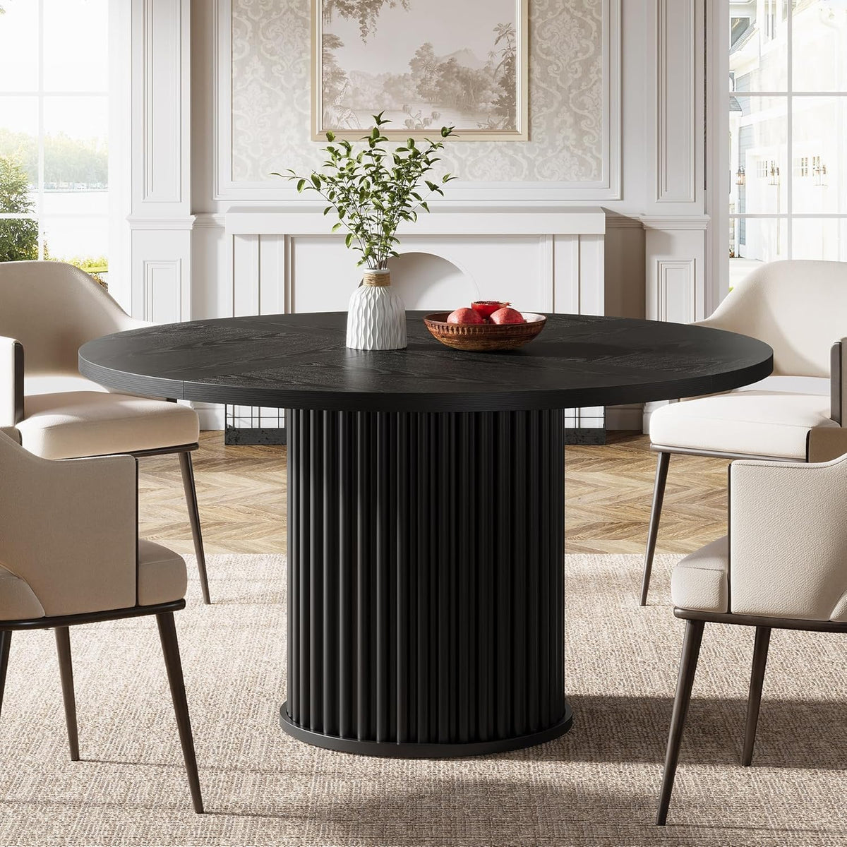 47" Round Dining Table, Wood Kitchen Table With Sturdy Fluted Metal Base
