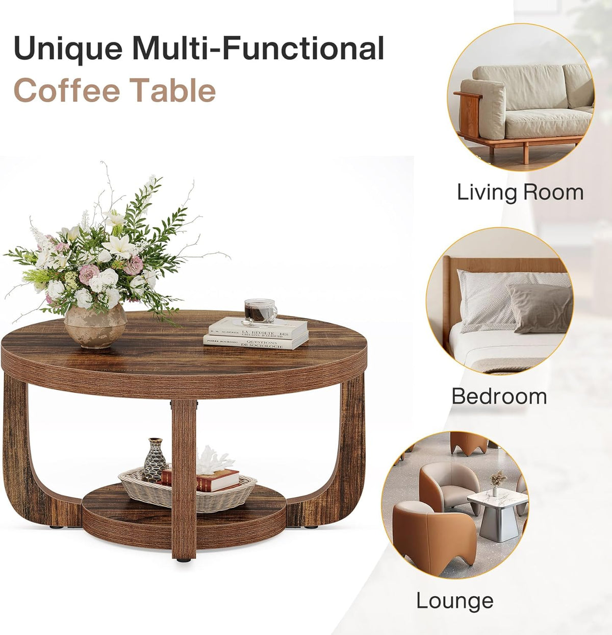 31.5" Round Coffee Table, Modern 2-Tier Circle Center Table with Storage