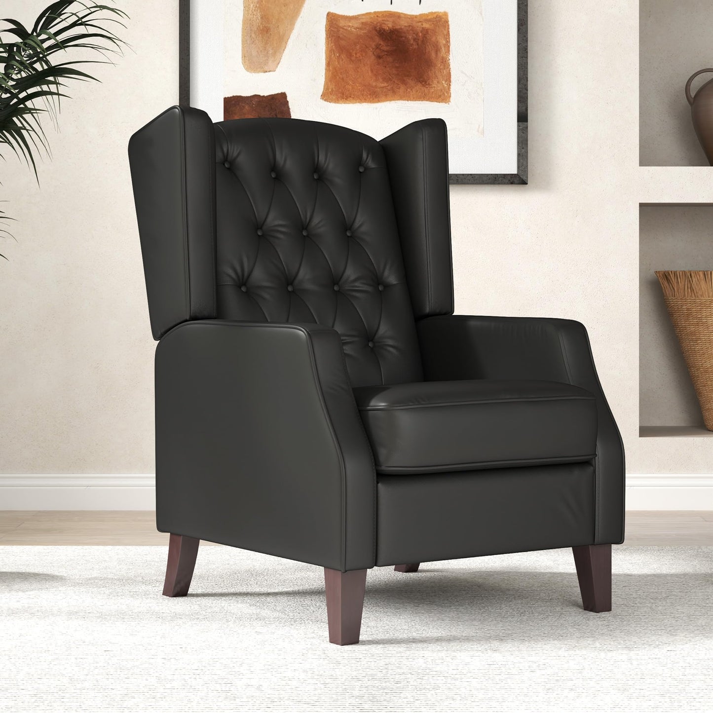 Faux Leather Accent Chair, Upholstered Wingback Armchair, Modern Button Tufted Living Room Chair with Thick Padding, Brown