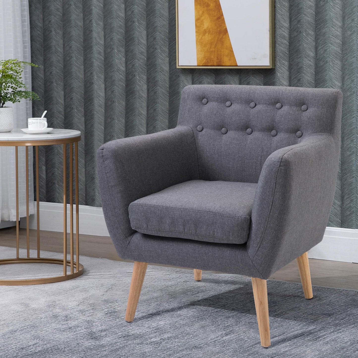 Mid-Century Modern Accent Chair, Linen Upholstery Armchair, Tufted Club Chair with Wood Frame and Thick Padding for Living Room, Bedroom, Light Grey