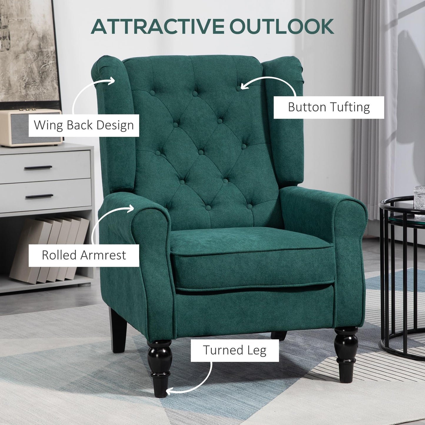 Fabric Accent Chair, Button Tufted Armchair, Upholstered Modern Living Room Chair, Wingback Chair with Wood Legs, Rolled Arms, Thick Padding for Bedroom, Blue