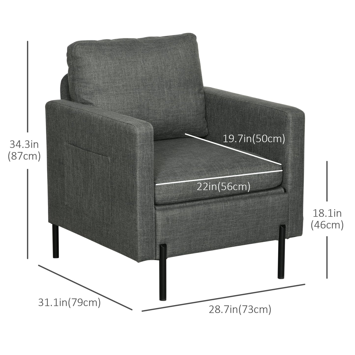 Fabric Accent Chair, Armchair, Modern Living Room Chair with Metal Legs, 2 Side Pockets, Thick Padding for Bedroom, Cream White