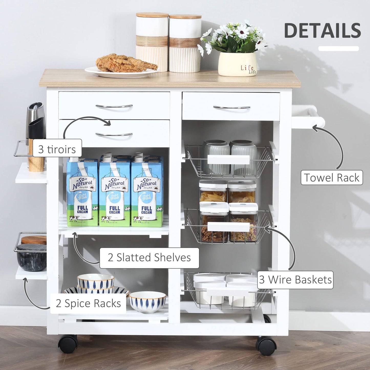 Rolling Kitchen Island on Wheels Trolley Utility Cart with Spice Racks, Towel Rack, Baskets & Drawers for Dining Room