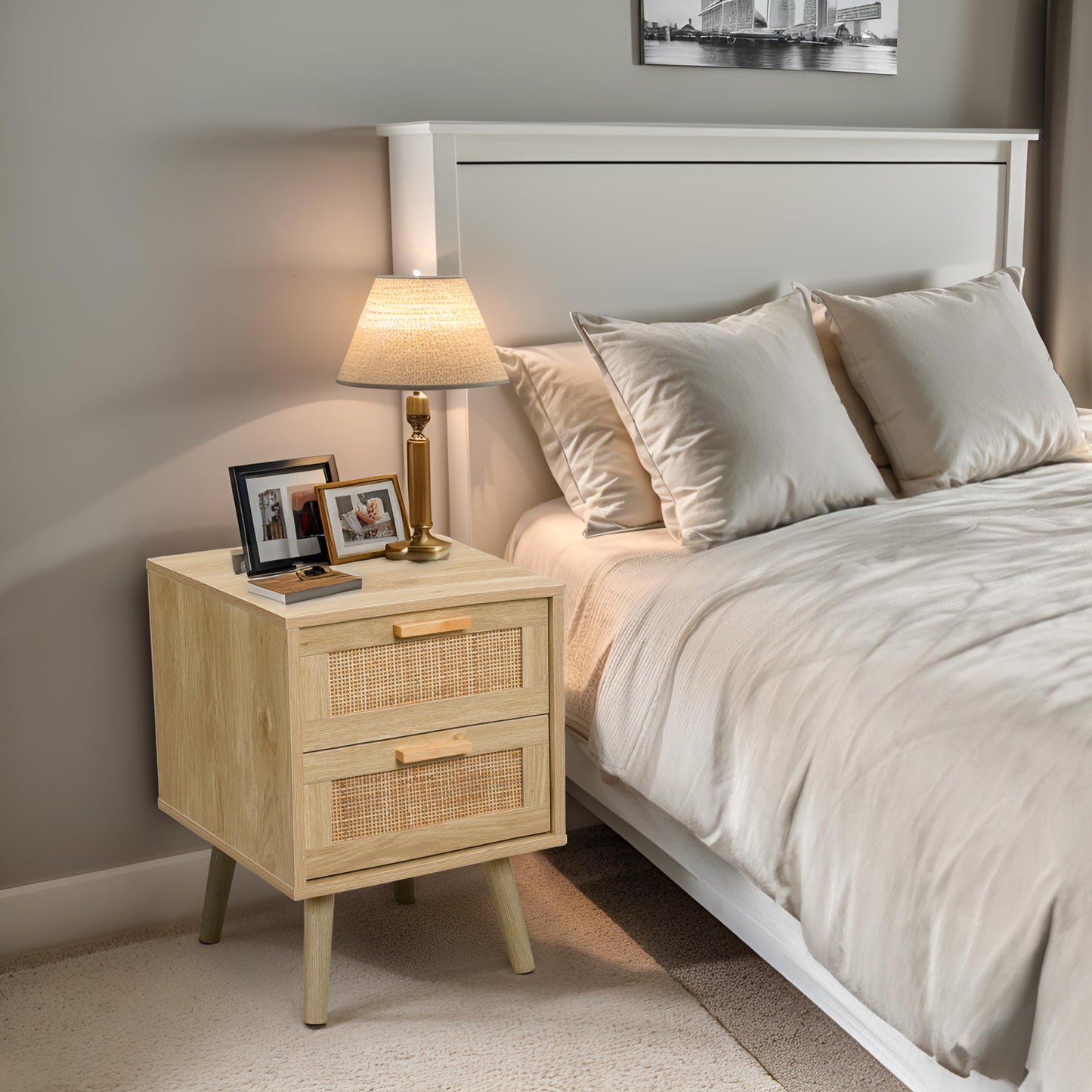 Side Table with 2 Hand Made Rattan Decorated Drawers, Nightstands Set of 2, Wood Accent Table with Storage for Bedroom, Natural, 2 Pack