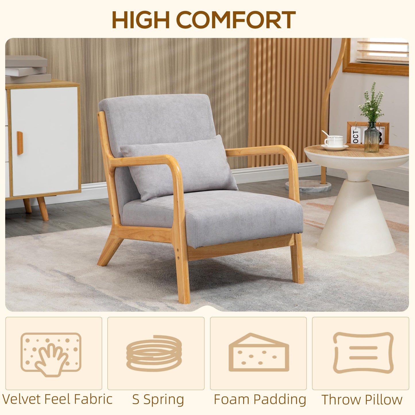 Modern Armchair with Wood Legs and Pillow, Upholstered Accent Chair for Living Room and Bedroom - Beige