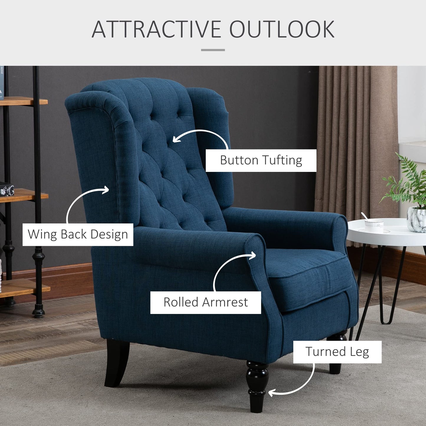 Fabric Accent Chair, Button Tufted Armchair, Upholstered Modern Living Room Chair, Wingback Chair with Wood Legs, Rolled Arms, Thick Padding for Bedroom, Blue