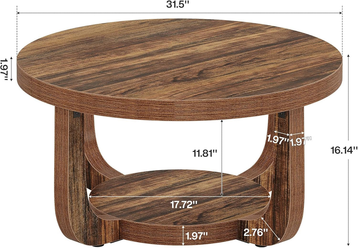 31.5" Round Coffee Table, Modern 2-Tier Circle Center Table with Storage