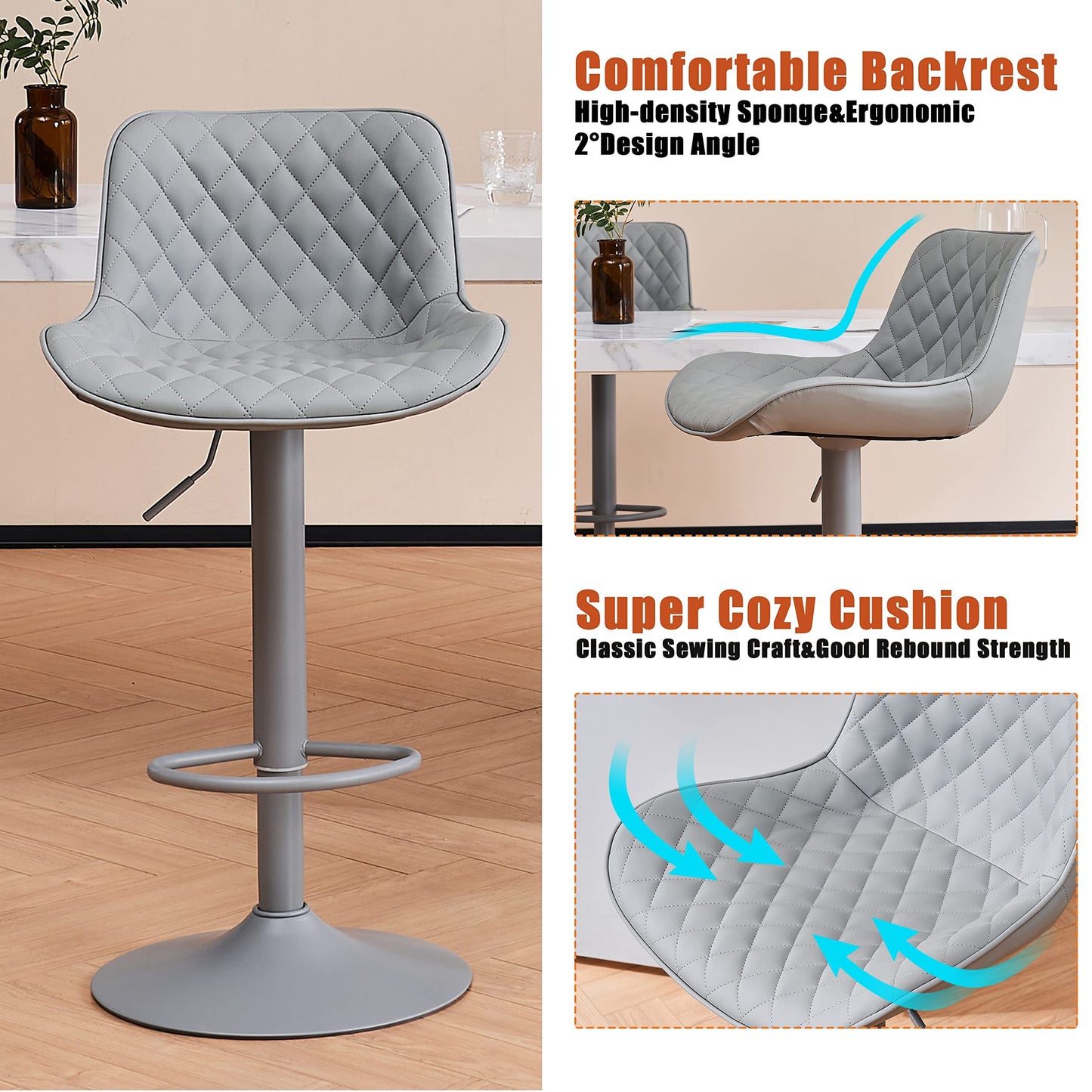 Grey Bar Stools Set of 2 Counter Height Bar Stool Faux Leather Upholstered Metal Barstools Modern Adjustable Swivel High Back Bar Chairs Home Kitchen Dining Island