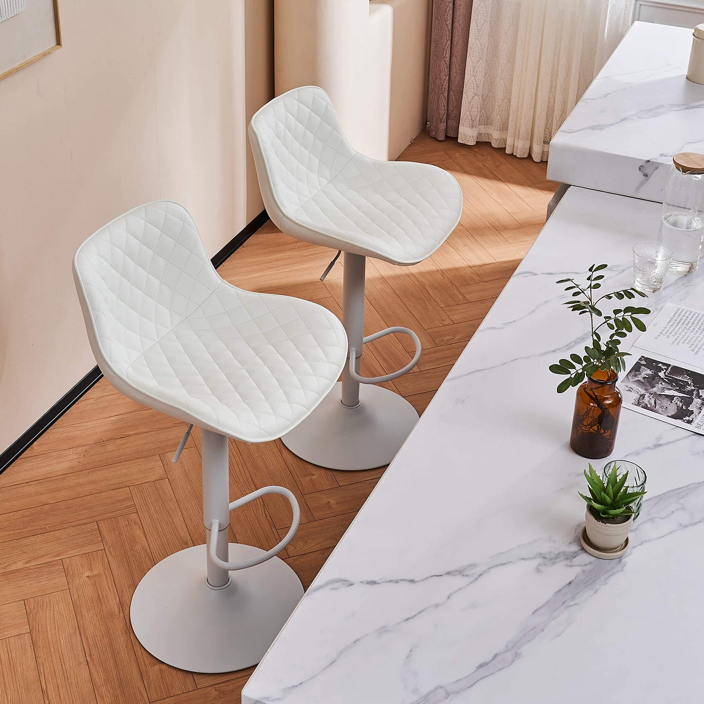 Grey Bar Stools Set of 2 Counter Height Bar Stool Faux Leather Upholstered Metal Barstools Modern Adjustable Swivel High Back Bar Chairs Home Kitchen Dining Island