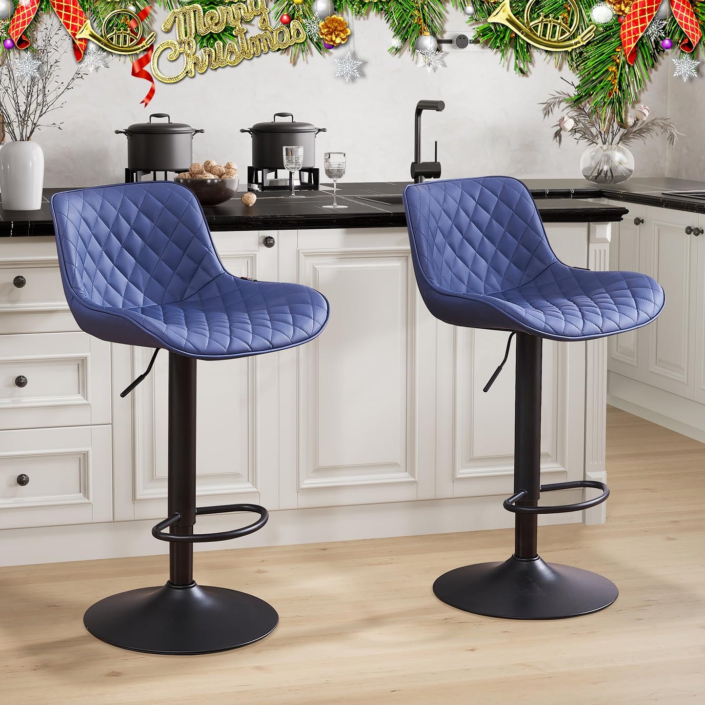 Grey Bar Stools Set of 2 Counter Height Bar Stool Faux Leather Upholstered Metal Barstools Modern Adjustable Swivel High Back Bar Chairs Home Kitchen Dining Island