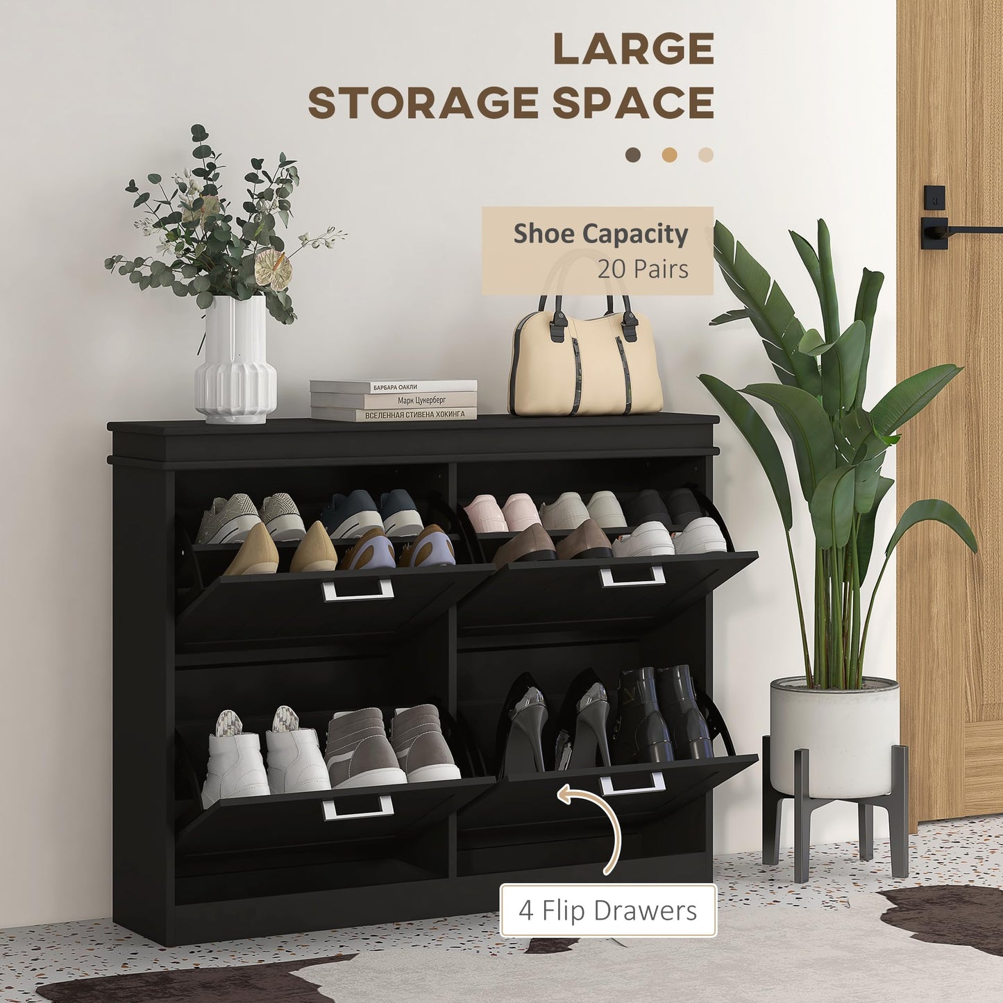 4 Drawers Entryway Shoe Cabinet, Narrow Shoe Storage Cabinet with 4 Flip Drawers and Adjustable Shelves for 20 Pairs of Shoes, Black