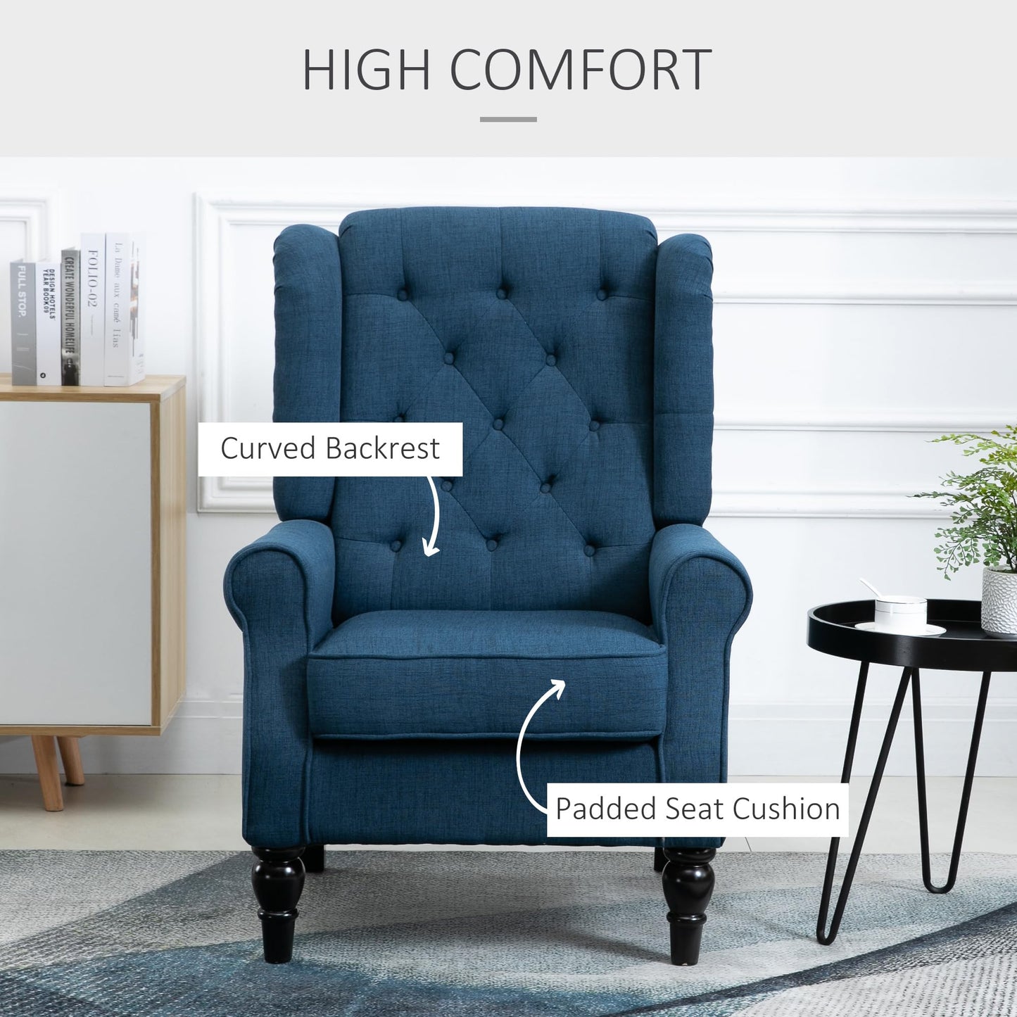 Fabric Accent Chair, Button Tufted Armchair, Upholstered Modern Living Room Chair, Wingback Chair with Wood Legs, Rolled Arms, Thick Padding for Bedroom, Blue