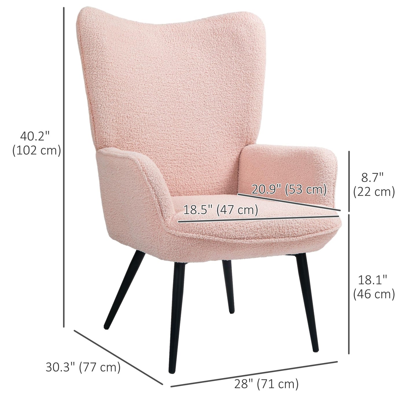 Modern Sherpa Boucle Accent Chair, Upholstered Wingback Armchair, Fluffy Vanity Chair for Living Room, Bedroom, Reading Room, Pink