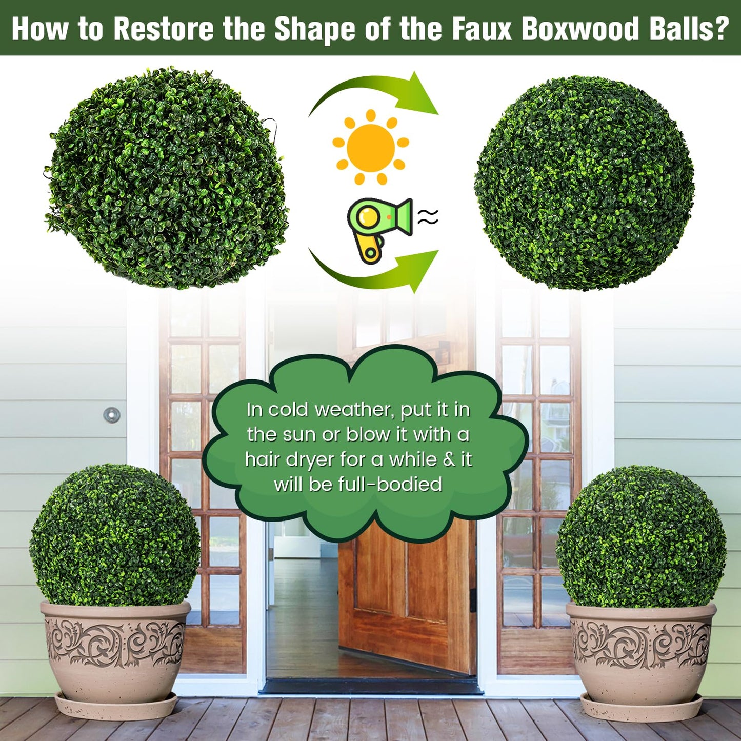 2 PCS 15.7 Inch Artificial Boxwood Topiary Balls, Faux Plants Decorative Balls for Indoor, Outdoor, Garden, Wedding, Balcony, Backyard, Front Porch, Patio, Home Decor