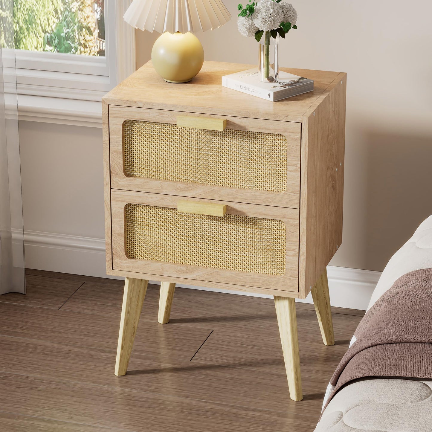 Rattan Nightstand,End Table with Rattan Door, Boho Bedside Table,Rattan Nightstand for Living Room,Bedroom,Dorm and Small Spaces,Natural CAACTG11Y