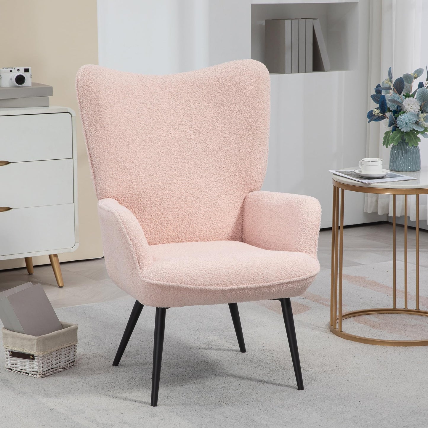 Modern Sherpa Boucle Accent Chair, Upholstered Wingback Armchair, Fluffy Vanity Chair for Living Room, Bedroom, Reading Room, Pink