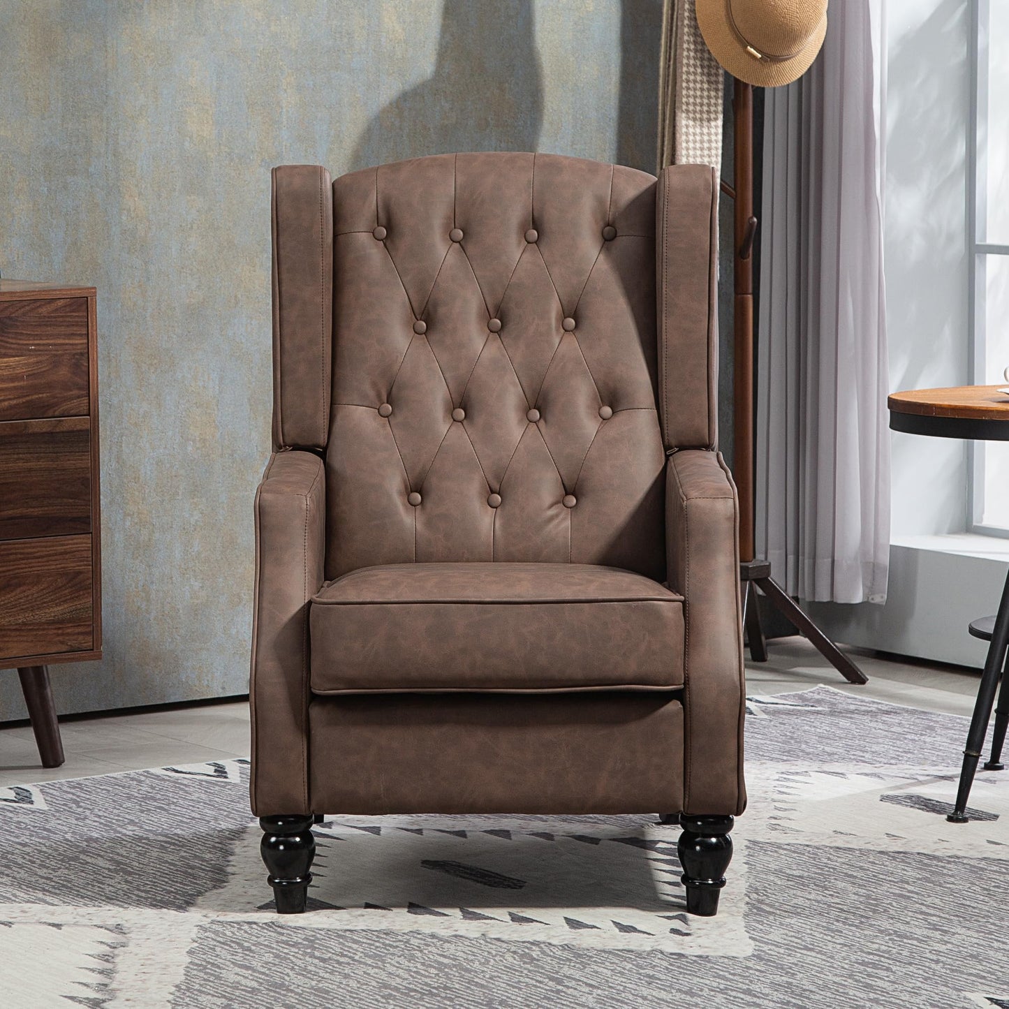 Faux Leather Accent Chair, Upholstered Wingback Armchair, Modern Button Tufted Living Room Chair with Thick Padding, Brown