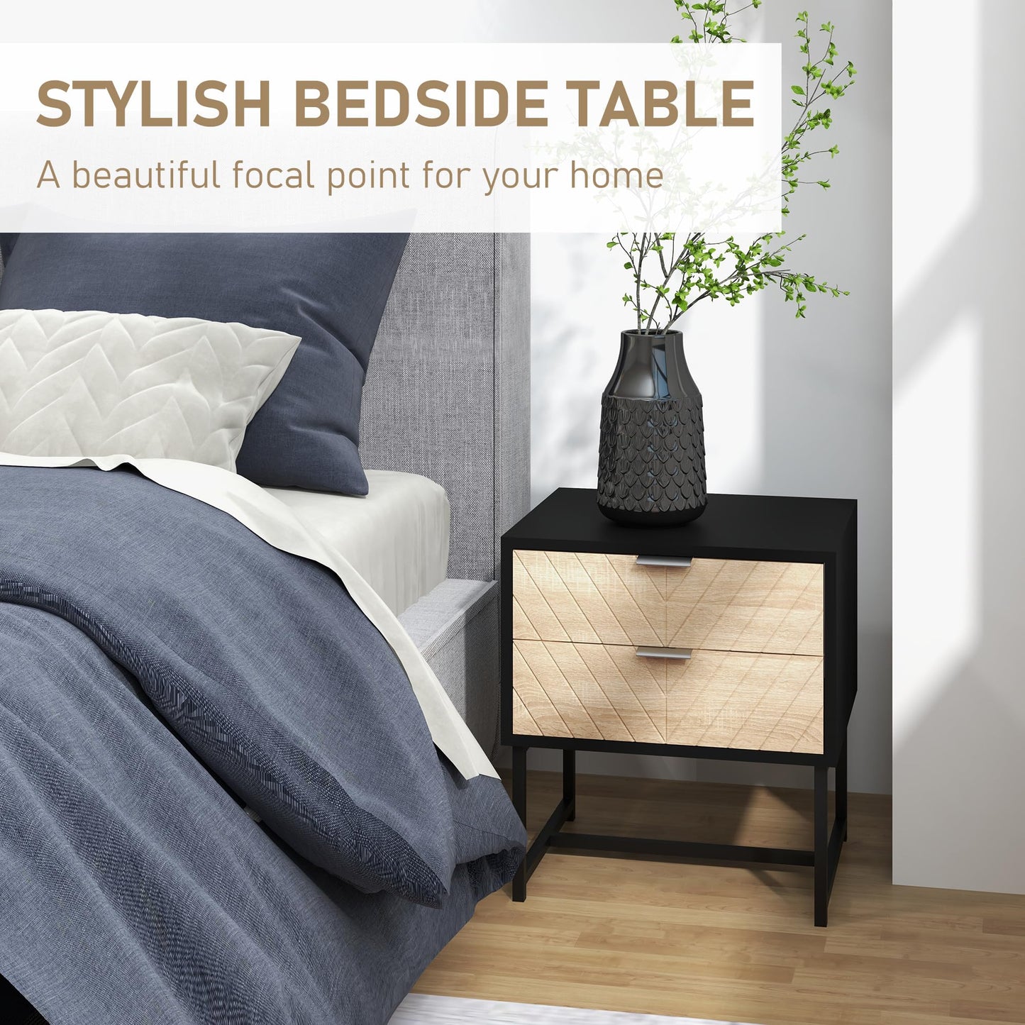 Modern Bedside Table with 2 Drawers, Nightstand with Metal Base, Sofa End Table for Bedroom, White