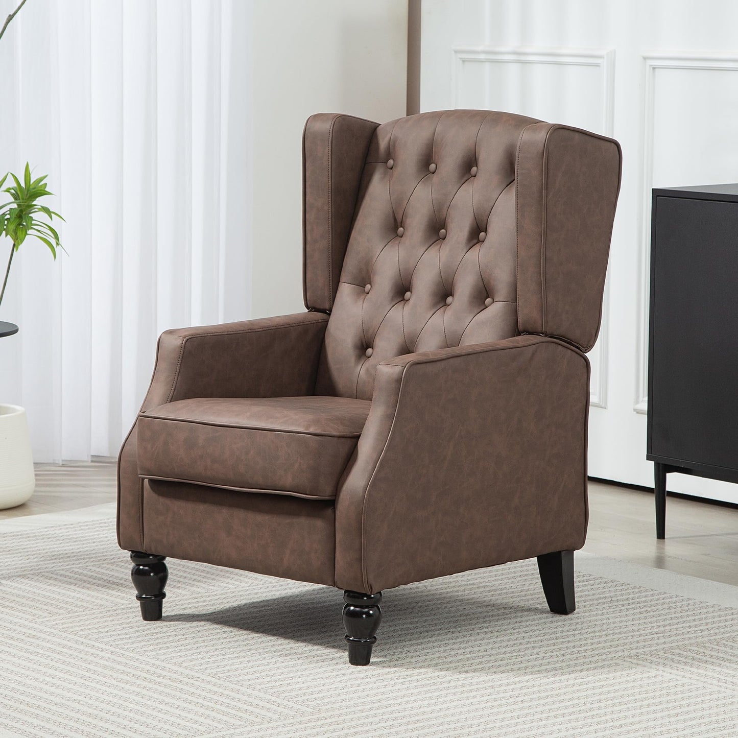 Faux Leather Accent Chair, Upholstered Wingback Armchair, Modern Button Tufted Living Room Chair with Thick Padding, Brown