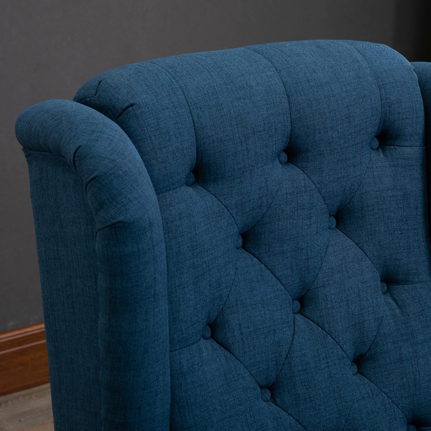 Fabric Accent Chair, Button Tufted Armchair, Upholstered Modern Living Room Chair, Wingback Chair with Wood Legs, Rolled Arms, Thick Padding for Bedroom, Blue