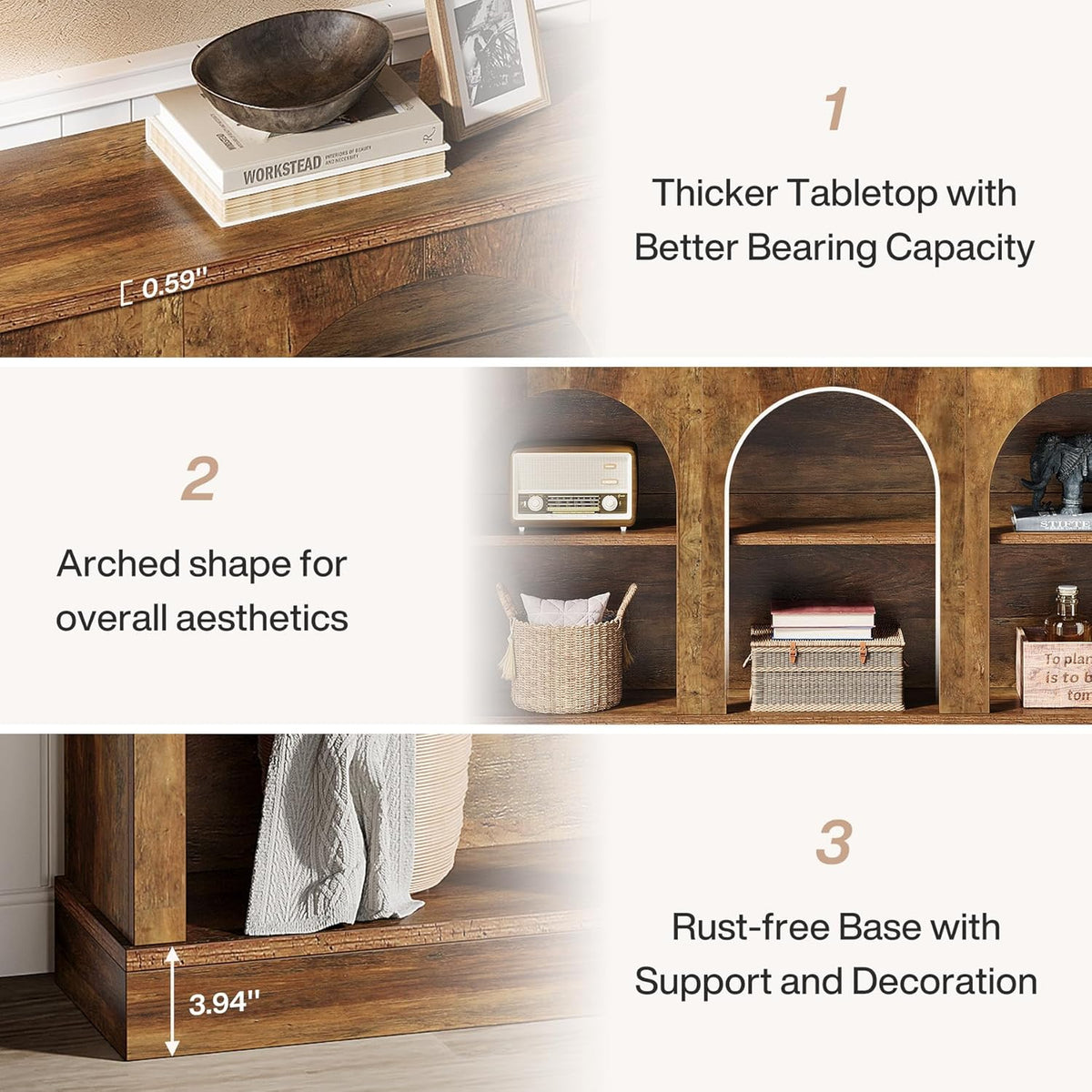 63" Console Table, Farmhouse Entryway Table with 3 Tier Storage